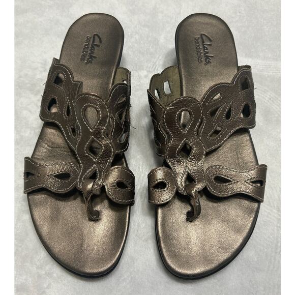 Clarks Bendables Wedge Women's Open Toe Sandals 7.5M Leather Bronze Upper 37065 - Picture 1 of 8